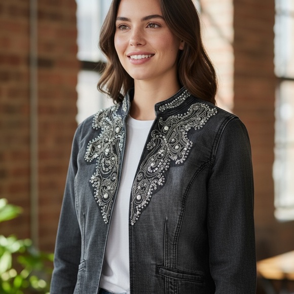 Chicos Heritage Denim‎ Beaded Jean Jacket Sz M or 1 - Picture 2 of 10